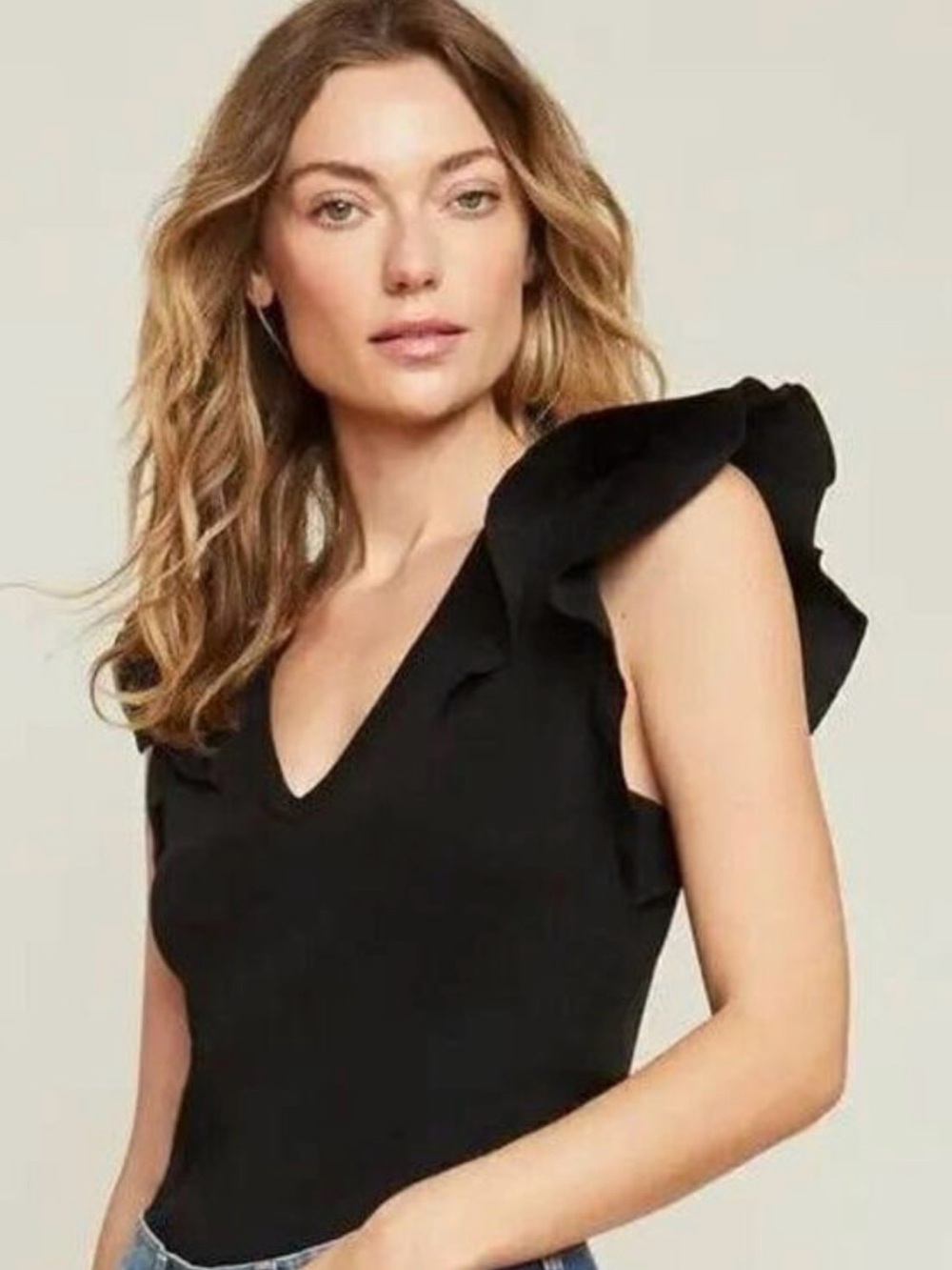 Veronica Beard Black V-Neck Ruffle Tank